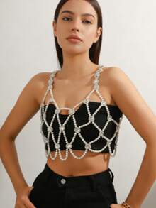 1pc Fashionable High-End Vest Outerwear, Faux Pearl & Rhinestone Decor Sheer Camisole. Handcrafted Hollow Knit Camisole, Suitable For Daily, Party, Prom, Commute - White - View 2
