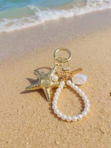 1个金色海星珍珠贝壳钥匙扣，Y2K风格可爱简约珍珠贝壳包包挂饰，海星造型，甜美酷炫，ins风，大号吊坠，银色弹簧扣，适用于背包、手提包、门钥匙、手机配件等，是约会、度假、海滩、工作、日常使用的完美个性化礼物，也是理想的婚礼或情人节礼物。 - 彩色 - 查看 3
