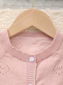 Girls' Spring/Summer Heart Pattern Lace Design + Openwork Heart Pattern Knit Round Neck Cardigan, Gentle And Elegant, Suitable For Outings, Gatherings Or Play - Pink - View 2