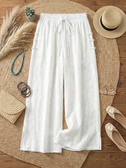 Women's Solid Color High-Waisted Flared Cropped Pants With Embroidery, Chic And Slimming, Casual Pants