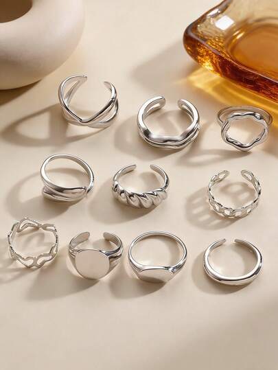 10pcs Vintage Elegant Fashion Geometric Hollow Open Ring Set, Women's Versatile Asymmetric Hollow Open Ring Suit, Suitable For Daily, Party, Date, Festival, Summer Beach, Gift For Friends, Family, Couples, Jewelry Accessories