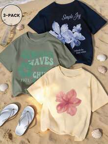 3pcs/Set Summer New Minimalist Fashion Cute Floral Print Round Neck Short Sleeve T-Shirt, Versatile Daily Casual Wear For Women White - 草綠色,海軍藍和杏色 - 查看 13