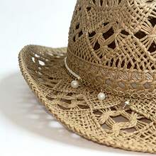 1 Stück Boho-Stil einfarbiger Perlen-Ausschnitt Panama Strohhut, lässiger Sonnenschutz dekorativer Hut, vielseitig für Outdoor-Aktivitäten in allen Jahreszeiten, Sommer, Strand, Urlaub, Reisen - Metallkette - Übersicht 2