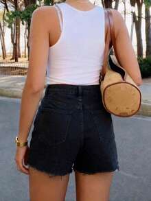 女士休闲牛仔短裤，梭织面料，直筒裤型，带拉链口袋，略带弹性，夏季款 - 深灰色 - 查看 4