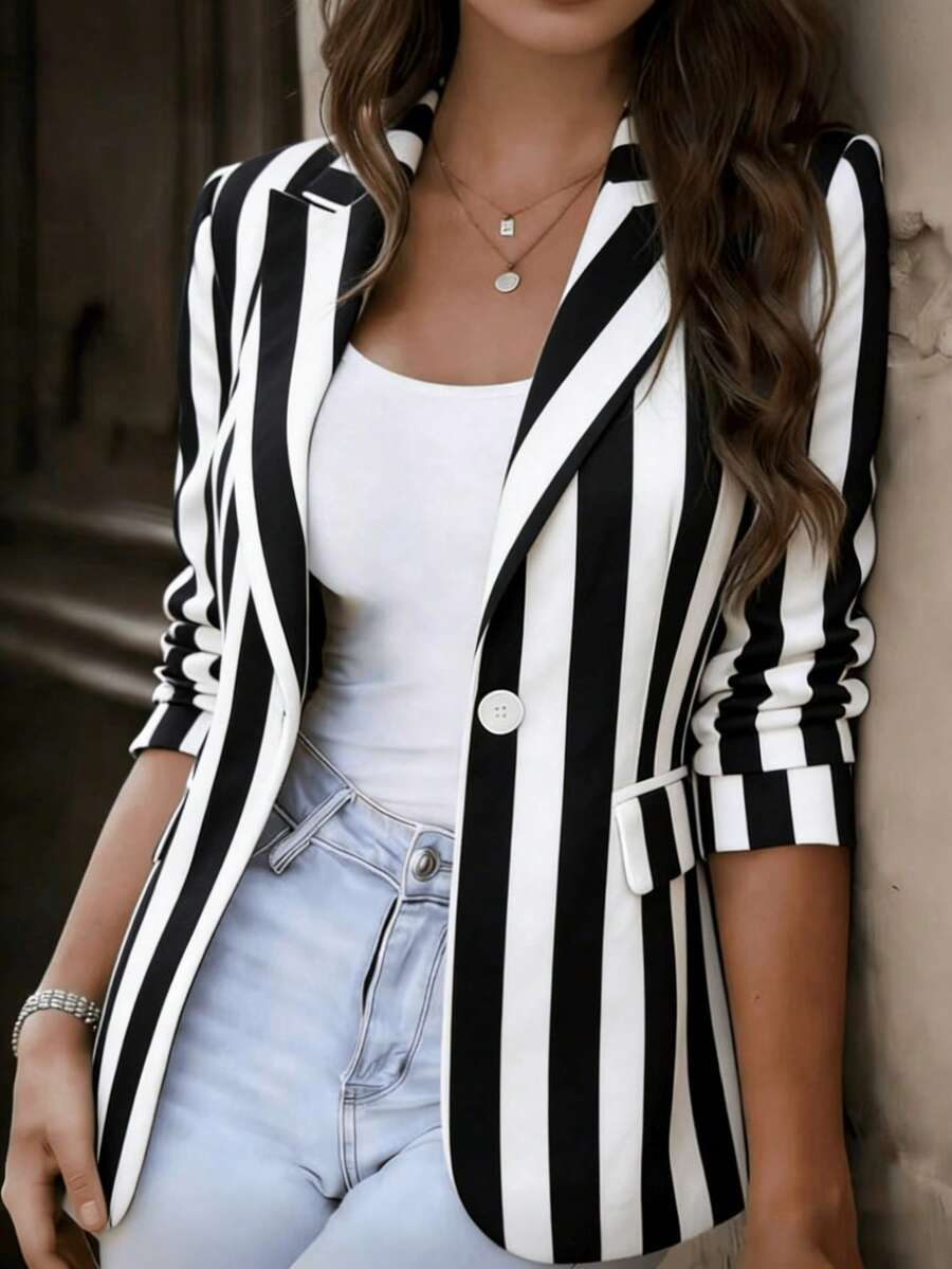 Chaqueta Blazer de Manga Larga con Bloques de Color y Rayas con Bolsillos - Chaqueta con Solapa de Muesca y Botones Delanteros para Vacaciones para Mujer - rayas anchas blancas y negras - Ver 1