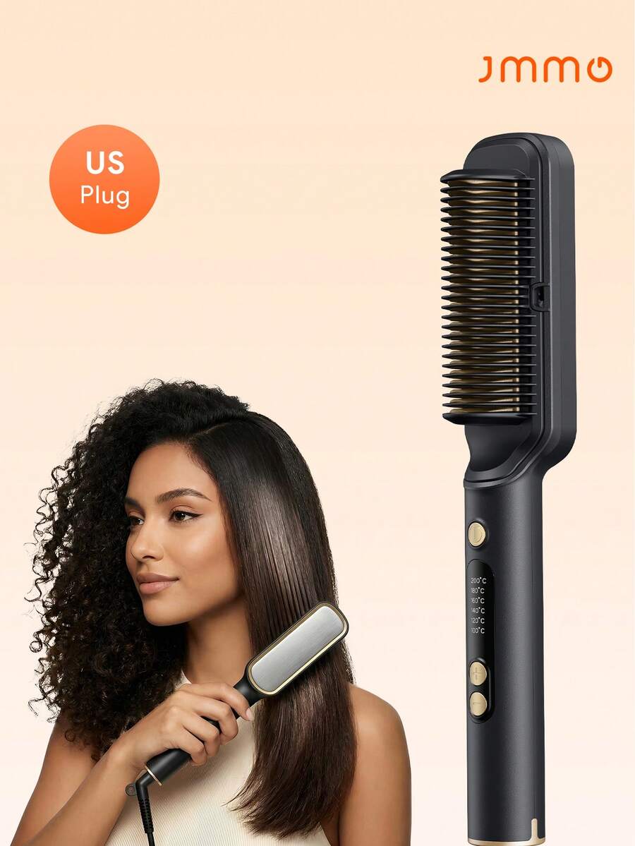JMMO Portable Hair Straightener Brush, Quick Heat Up Electric Straightening Comb, Travel Friendly Hot Air Brush For Home & On-The-Go Styling, EU Plug