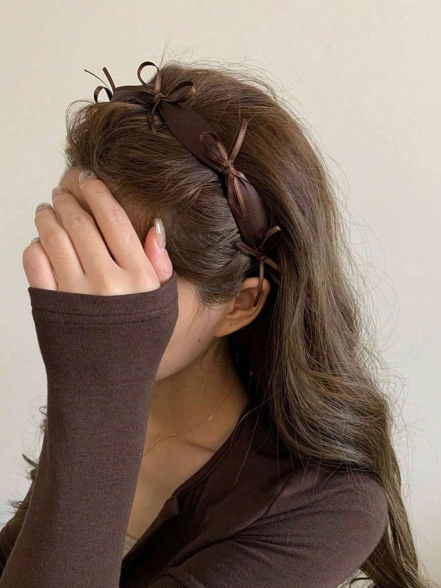 1pc Brown Tone Ribbon Bow Headband, Elegant French Style Hair Accessory - Brown - View 1
