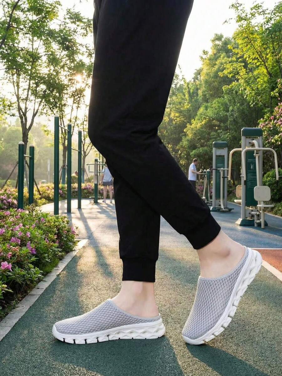 夏季透气防滑耐穿休闲步行鞋,灰色网面套脚轻便运动休闲鞋 - 灰色 - 查看 1