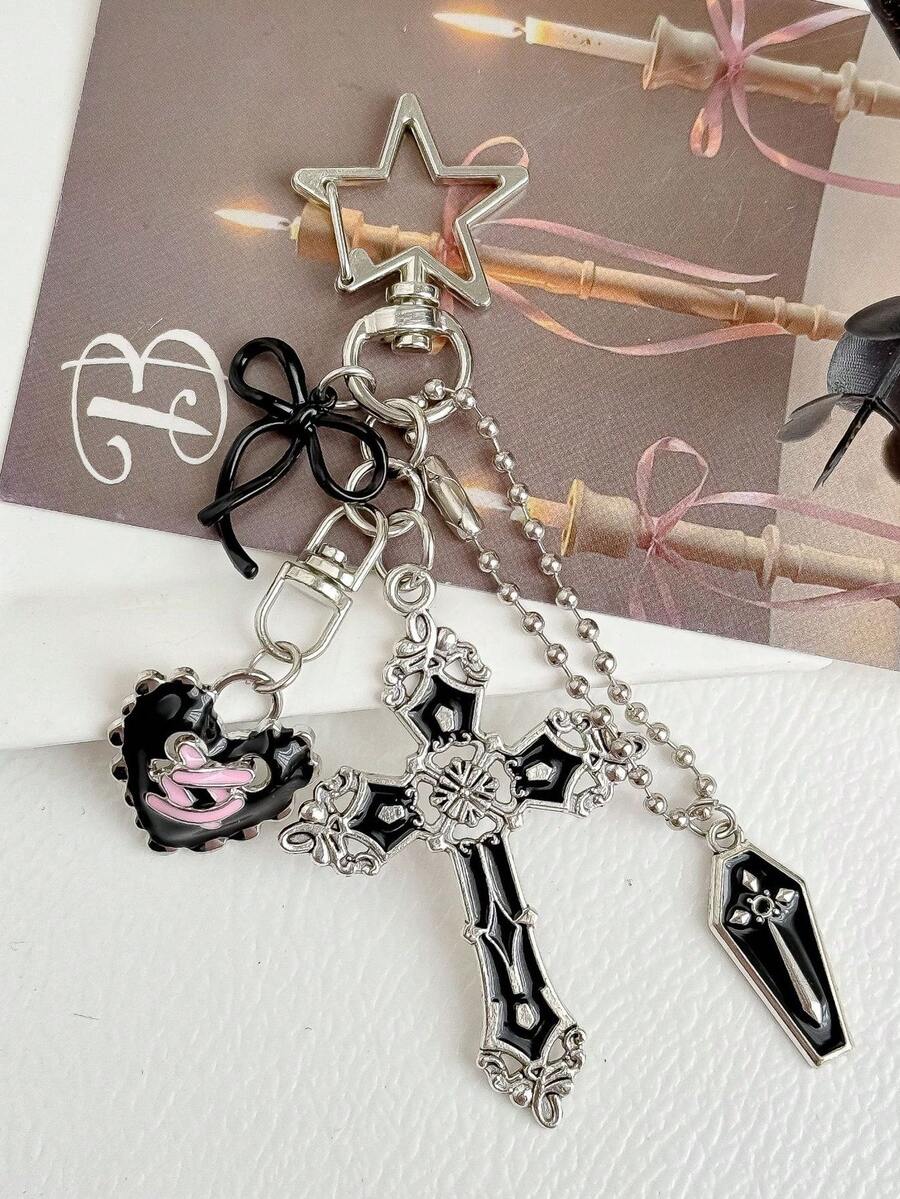 Móc khóa hình thánh giá Gothic, phụ kiện độc đáo hình nơ đen và trái tim. - Nhiều màu - Xem 1