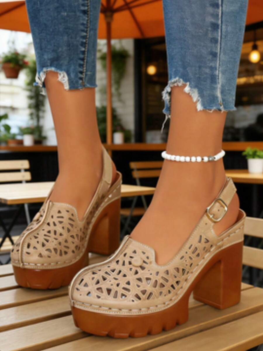 1 đôi sandal cao gót mới, thoải mái và đa năng, phù hợp để đi chơi, đi nghỉ mát, dự tiệc. - Màu be - Xem 1