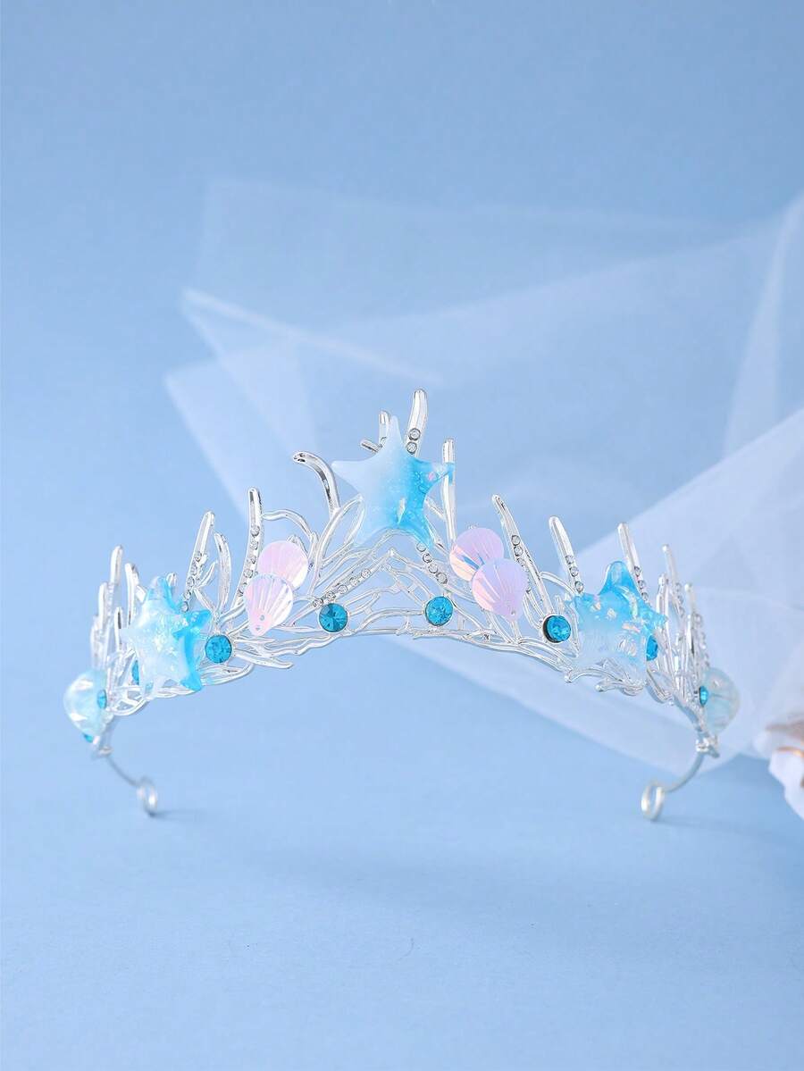 Mermaid Ocean Theme Crown, Blue Starfish Shell Crystal Headband, Shiny Crystal Hair Accessories For Women, Suitable For Bride Wedding, Ball Party,Summer,Beach - Blue - View 1