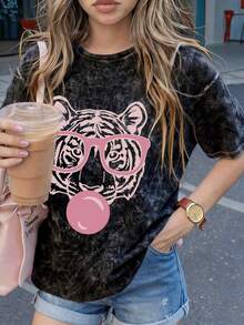 Camiseta de mujer de manga corta con cuello redondo y estampado de tigre, de verano, informal, holgada y versátil, de uso diario estiloso en color negro - Negro - Ver 7