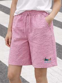 1pc Women's Casual Solid Color Shorts With Small Print Design, Summer - Pink - View 1