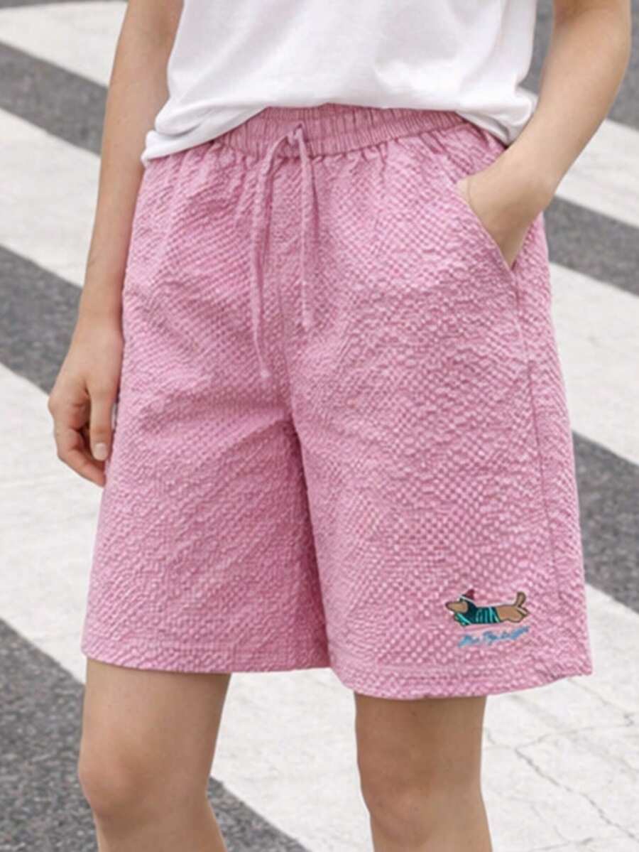 1pc Women's Casual Solid Color Shorts With Small Print Design, Summer - Pink - View 1