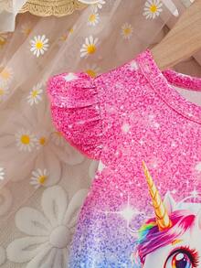 XUMPLO Young Girl' Casual Cute Rainbow Unicorn 3D Print Cap Sleeve Dress, Suitable For Daily Wear, Photo Shoot, Vacation, Party, Summer - Multicolor - View 8
