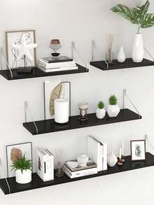 1pc (Hook Included) Partition Shelf, Wallmount Floating Shelf, No Drilling Required, Wall Decor For Bedroom, Study, Living Room, Bathroom, Kitchen, Wooden Hanging Storage Rack - Black - View 2