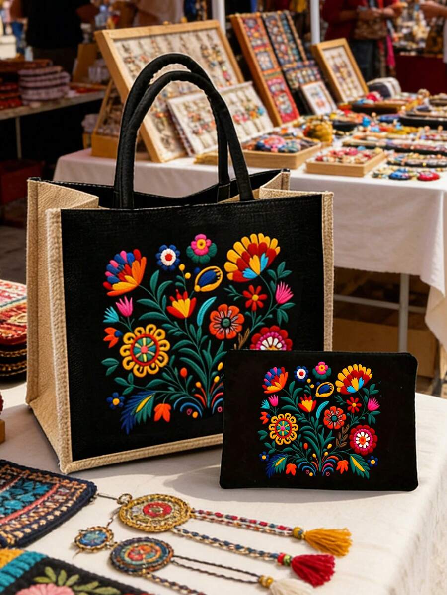 波西米亚风花卉图案手提包亚麻套装，女士手提包和钱包组合，单肩包，大容量手提包，购物袋。母亲节礼物 - 彩色 - 查看 1