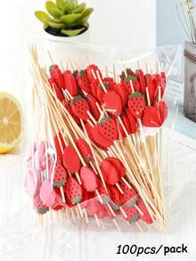 100/50/20pcs Red Strawberry Fruit Bamboo Skewers, Strawberry Bamboo Toothpicks, Cake Decorations, 4.7 Inch Strawberry Theme Birthday Party Long Bamboo Sticks - Appetizer Picks, Fruit Sticks, Cupcake Toppers, Sandwich Clips. Suitable For Home, Wedding, Birthday Party, Father's Day Food And Fruit Decoration, Halloween Picks, Thanksgiving Harvest Festival Cake Picks, Summer Cake Decoration - A - View 2