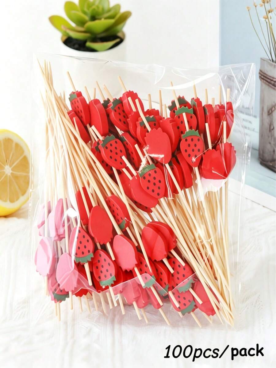 100/50/20pcs Red Strawberry Fruit Bamboo Skewers, Strawberry Bamboo Toothpicks, Cake Decorations, 4.7 Inch Strawberry Theme Birthday Party Long Bamboo Sticks - Appetizer Picks, Fruit Sticks, Cupcake Toppers, Sandwich Clips. Suitable For Home, Wedding, Birthday Party, Father's Day Food And Fruit Decoration, Halloween Picks, Thanksgiving Harvest Festival Cake Picks, Summer Cake Decoration