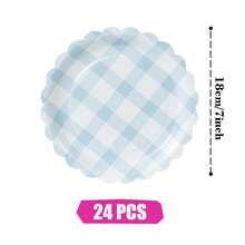 蓝白格纹花瓣形一次性餐盘、餐巾纸、杯子套装，派对用品，可供24位客人使用，一次性纸盘，派对餐具，适用于生日、婚礼、聚会、家庭野餐等场合。 - 款式2 - 查看 10