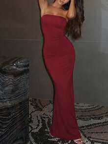 Women's Elegant Solid Color Sexy Backless Party Maxi Dress, Spring/Summer - Burgundy - View 2