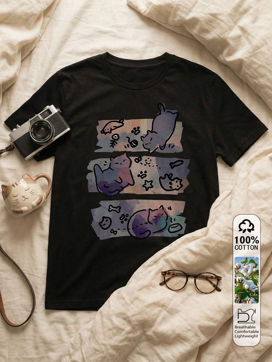 Women's Casual Cute Japanese Cartoon Cat Print Round Neck Short Sleeve T-Shirt, Spring/Summer, 100% Cotton Black - Black - View 1