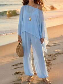 Conjunto de top holgado de gasa de un solo hombro elegante para vacaciones, combinado con camiseta y pantalones harem plisados, adecuado para vacaciones, playa, citas, uso diario, primavera/verano - Azul celeste - Ver 5