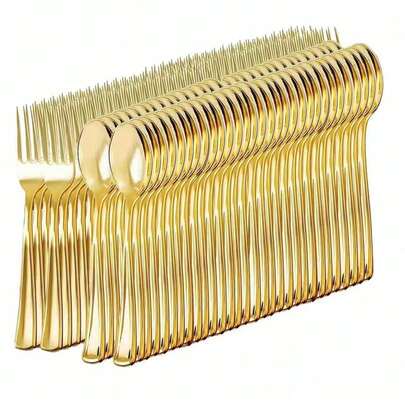 150/100/75/50/25/10 Pcs Gold Reusable Cutlery Set, Includes Forks, Spoons, Cake Forks, Dessert Spoons, Salad Forks, Pasta Forks & Spoons, Suitable For Birthday, Wedding, Party, Family Gathering, Team Building, Outdoor BBQ, Camping, Banquet, School Supplies, Graduation Ceremony, Holiday Party And More Occasions