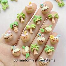 10/30/50个混合款式卡通夏季海滩迷你椰子树和椰子汁饮料美甲饰品，卡通水钻平底贴纸，DIY剪贴簿贴纸，手工材料 - 椰子樹 - 查看 10