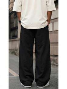 Calca Reta Wide Lag  Liso Maculina 100% Algodão Casual Streetwear - Preto - Visão 2