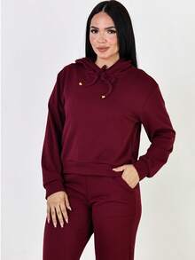 Ana Ribbed Wide-Leg Pants + Hoodie Set - Burgundy - View 4
