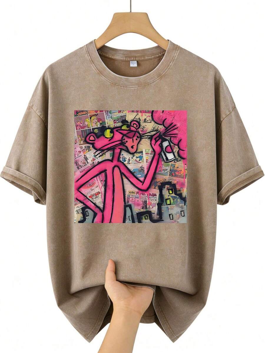 Unisex Casual Washed Funny Cat Spray Paint Comic Graphic T-Shirt For Daily Wear - Cà phê nâu - Xem 1