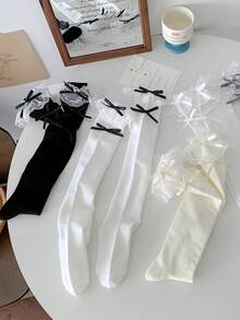 1双女士过膝袜，细蕾丝蝴蝶结设计，适合搭配连衣裙和日常穿着，春夏款 - 彩色 - 查看 3