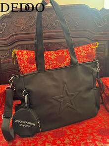Dedoo New Fashionable Casual Canvas Star Pattern Tote Bag With Coin Purse, Office & Commute Handbag For Women - Black - View 3