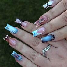 24 Square Acrylic Nail Art Gift Box Set, Millennial Style, Unique Blue-Black Gradient Caramel Light Blue Ombre French Edge With Silver Steel Ball Embellishment, Incorporating Geometric Lines, Irregular Flame Art, Y2K Style, Detachable And Reusable, Easy For Beginners, Suitable For Dates, Parties, And Everyday Wear, Versatile And Goes With Everything, False Nails With Jelly Gel, 1 Nail File, 1 Nail File. - Multicolor - View 8