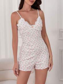 1pc Women's V-Neck Ditsy Floral Backless Tie Strap Jumpsuit With Ruffle Hem, Stretchy Fitted For Party And Casual Wear - White - View 11