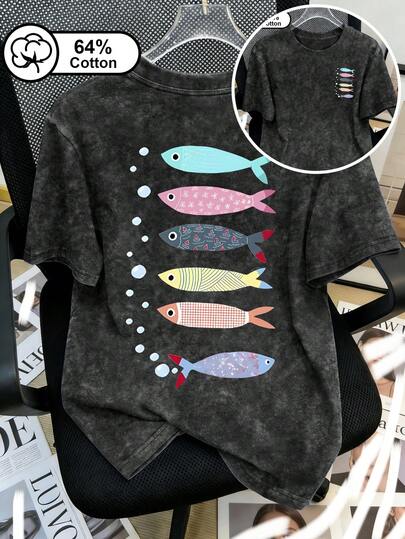 Áo thun nữ cỡ lớn, áo thun đen bạc màu phong cách retro Mỹ, in hình cá nhỏ nhiều màu sắc hai mặt, 64% cotton, tay ngắn, kiểu dáng biển cả mùa hè, phù hợp mặc hàng ngày, áo thun nữ họa tiết dễ thương.