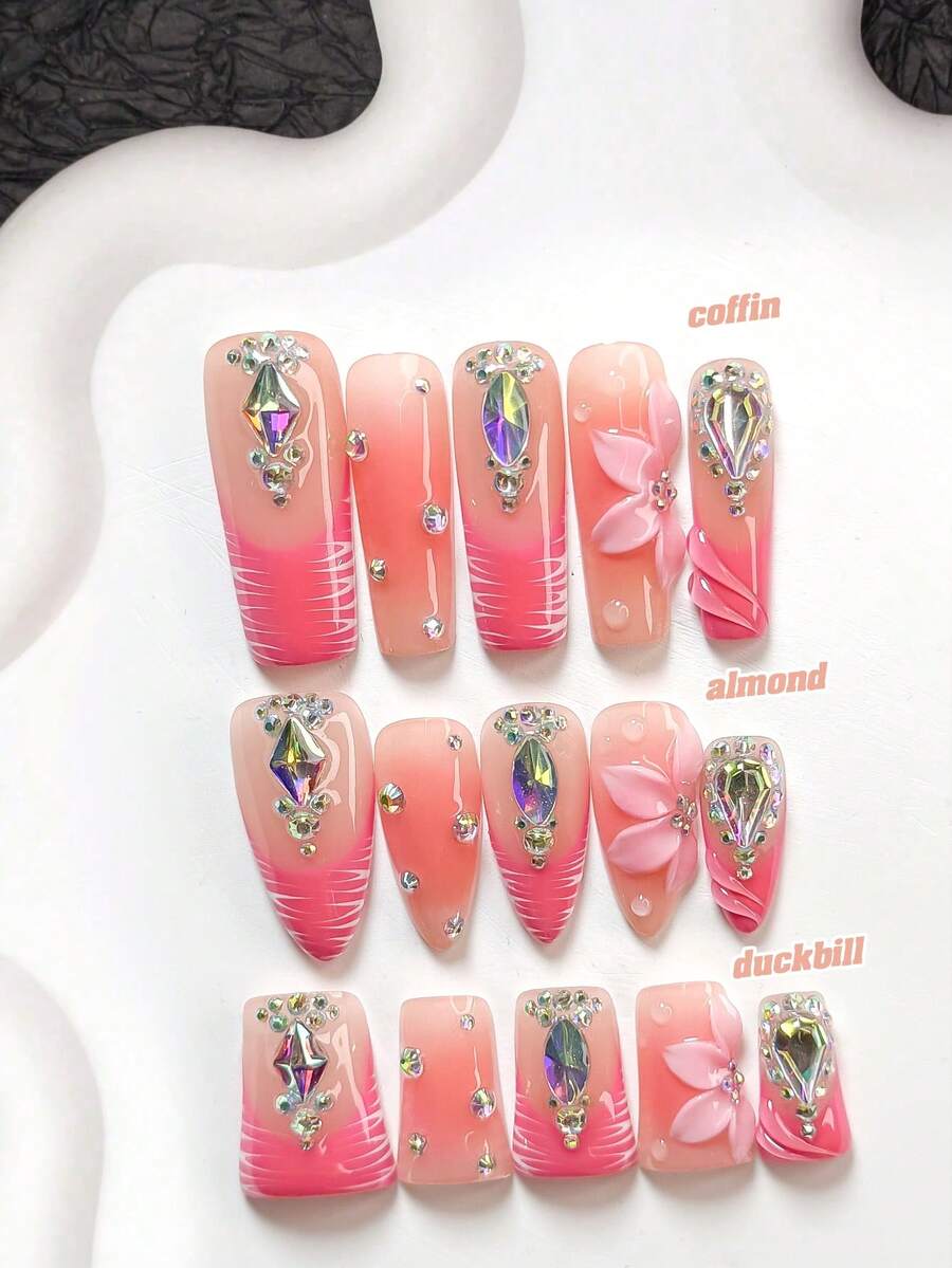 10pcs/Set Rhinestone Style Handmade Nail Art Kit, Fake Nails, Diamond Shaped Nail Decor, Handcrafted Floral & Striped Nail Stickers, Pink Nail Polish, Elegant Style, Includes Nail Tools (1 Jelly Sticker + 1 Nail File), 3 Sizes Available: Almond, Duck Mouth, Coffin Shape, Suitable For Parties, Daily Wear, Events, Photography, Spring/Summer - Multicolor - View 1