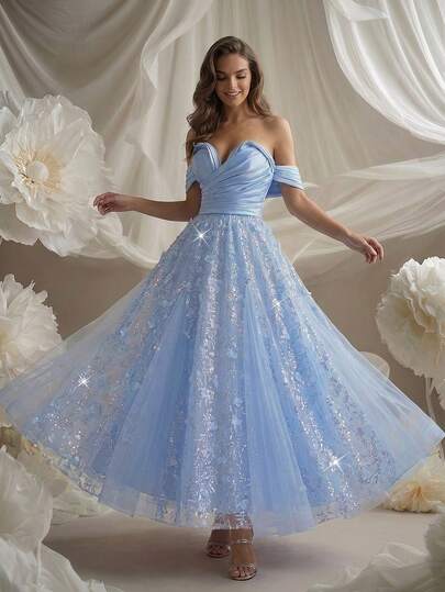 Smilprince Vestido formal largo de noche con hombros descubiertos, manga corta y cremallera, de tela tejida, romántico y sexy para mujer