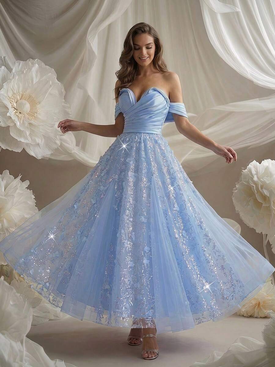 Smilprince Đầm dạ hội dài tay ngắn trễ vai, chất liệu vải dệt tinh tế, lãng mạn và gợi cảm dành cho nữ, có khóa kéo. - Màu xanh nhạt - Xem 1