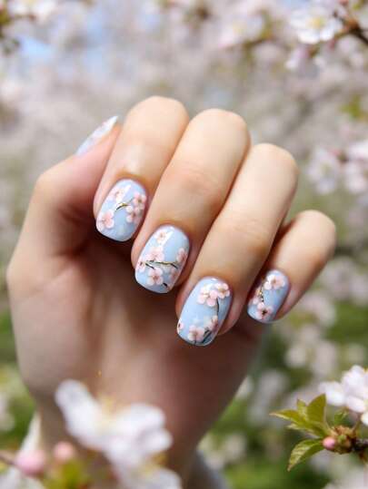 24pcs Press On Nails Short Square French Nails Y2k Blue Nails With Flower Pattern Reusable Press On Acrylic Nails Fake Nails Supplies Free Of 24 Pieces Of Jelly Tabs And A Mini File