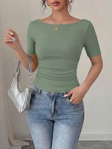 PRETTYGARDEN Womens Summer Short Sleeve Tops Boat Neck Ribbed Knit Slim Fit T Shirt Casual Basic Top Y2K Clothes - 灰綠色 - 查看 7