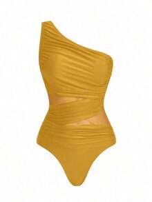 Swim Oasis Traje de baño de una pieza con panel de malla fruncida de unicolor y falda pareo - Amarillo - Ver 7