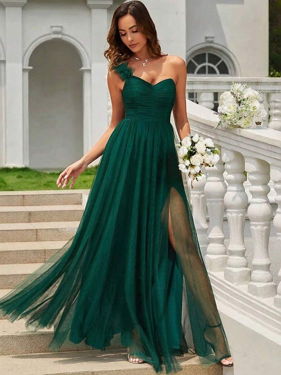 EVERPRETTY Spring One Shoulder Applique Slit Thigh Mesh Dark Green Bridesmaid Dress, Elegant Wedding Guest Dress