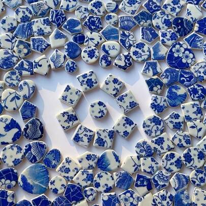 100g/200g Classic Blue And White Porcelain Pattern Mosaic Materials, Square, Round, Pentagonal, Oval Ceramic Mosaic Tiles, Suitable For Handicrafts, Wall, Stairs Landscaping, Flower Bed Decoration