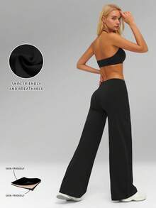 MFVIM 女士春夏运动文胸裤套装，女士休闲运动外套健身两件套，露背吊带紧身运动文胸+宽松阔腿休闲裤，修身透气舒适，适合日常休闲户外慢跑、骑行、瑜伽、普拉提、健身房锻炼等运动，必备运动服 - 黑色 - 查看 4