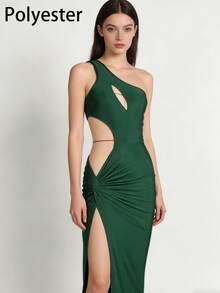 女士优雅纯色不对称镂空高开衩修身连衣裙 - 适合舞会、鸡尾酒会和约会之夜 - 墨綠色 - 查看 8