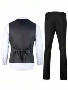 Men's Suit Vest And Dress Pants 2 Pieces Set Formal Wedding Business Waistcoat Trousers Outfit - Black - View 3