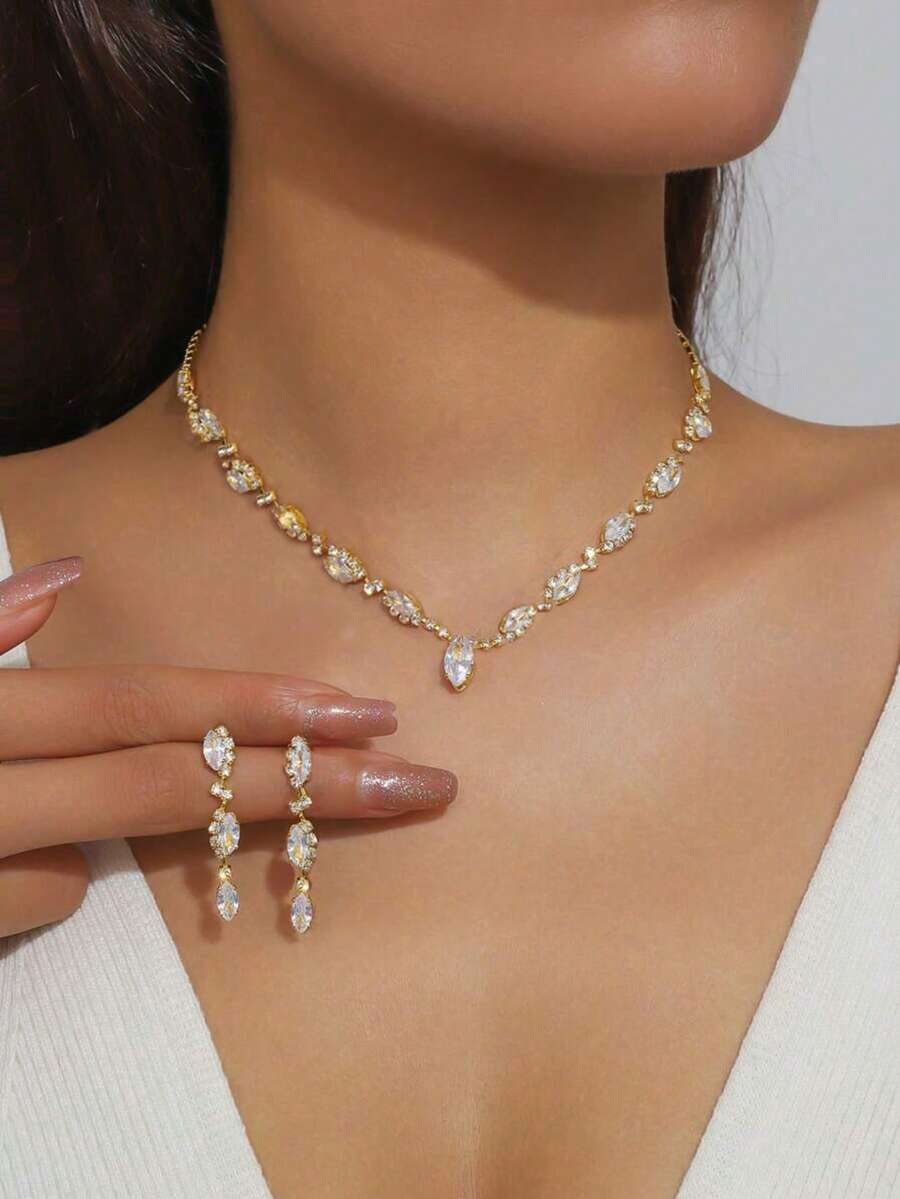 Bộ trang sức 3 món đính đá Zirconia, gồm dây chuyền và bông tai, thiết kế tối giản thanh lịch, phù hợp cho đám cưới, tiệc tùng và nhiều dịp khác. - Vàng - Xem 1