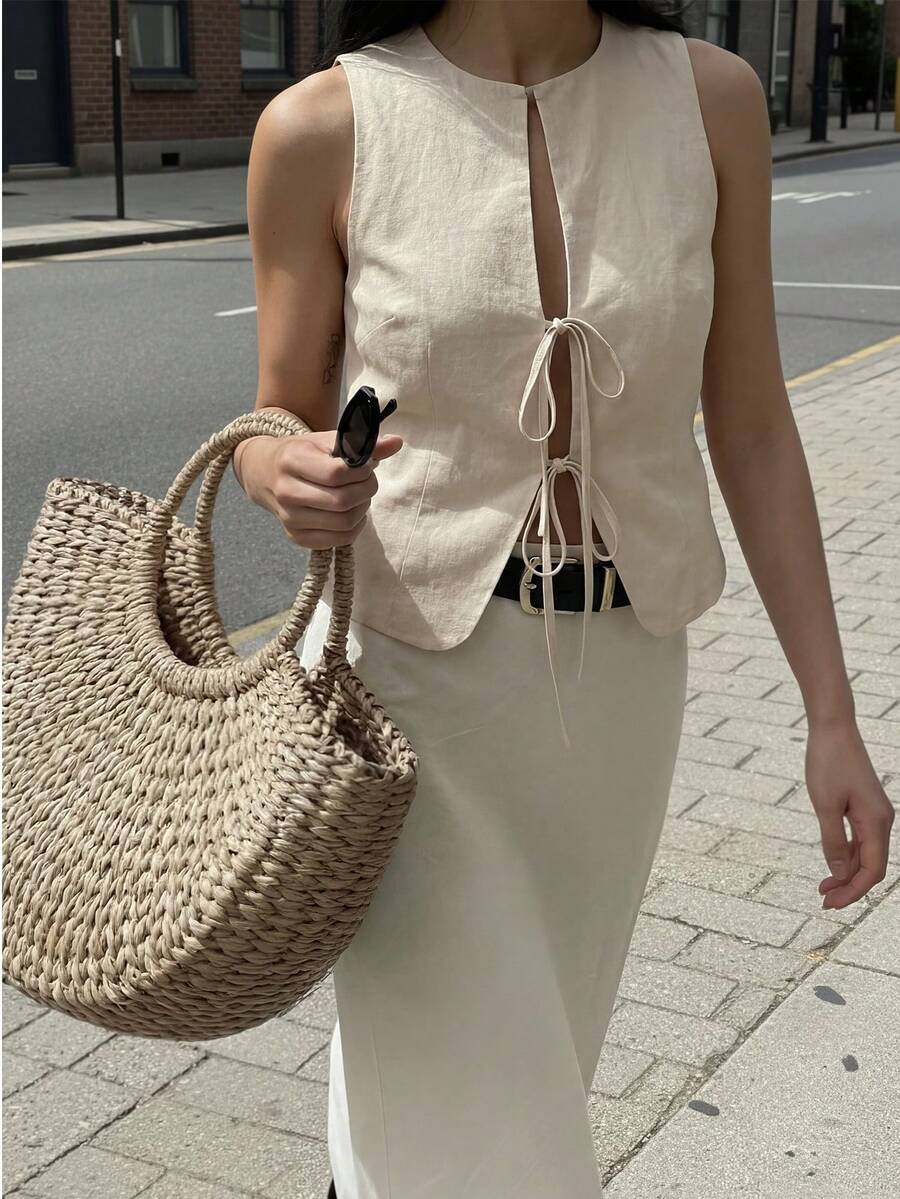 Spring Summer Casual All-Match Beige Linen Round Neck Front Tie Stretchy Slim Fit Sleeveless Vest Top For Women - Apricot - View 1